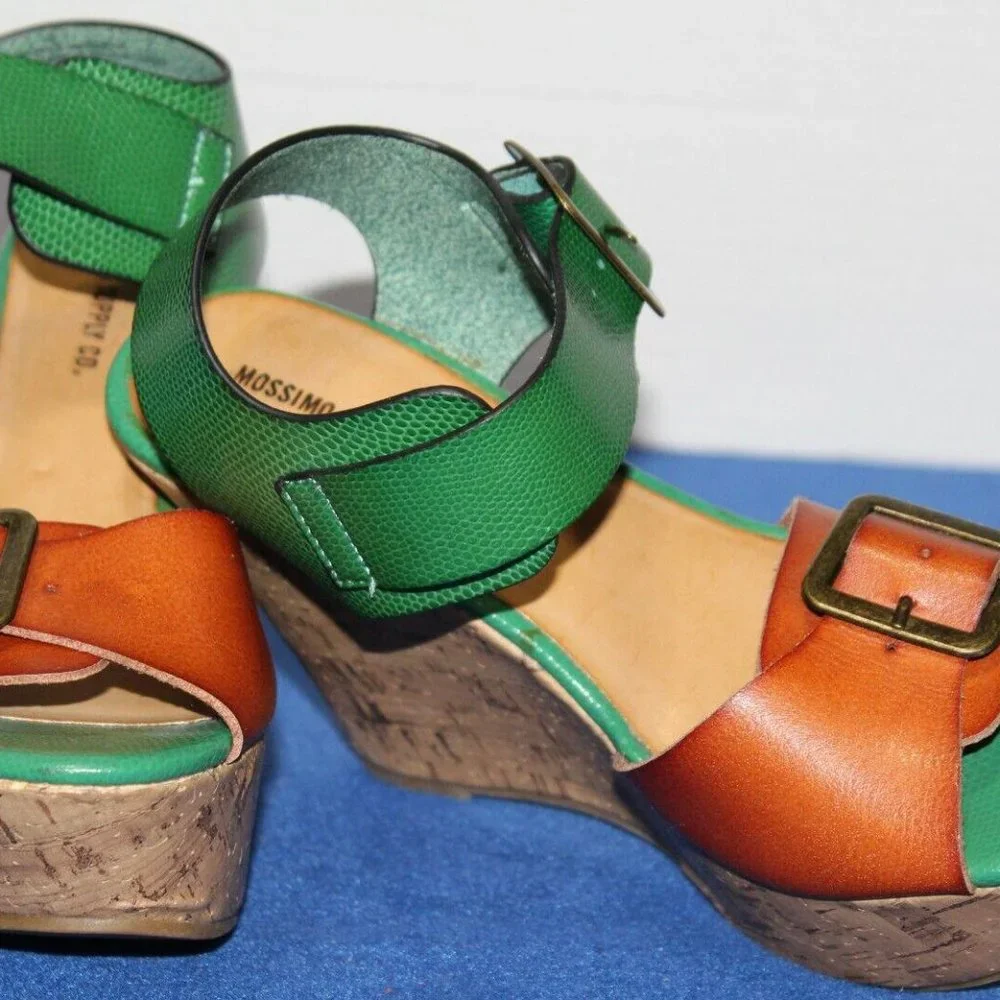 MOSSIMO SUPPLY CO. Green/Tan Buckle Straps Cork Platform Wedge Heels Size 6 B - Picture 7 of 9